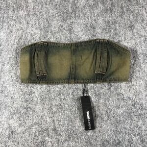 Fashion Nova Bandeau Top Womens M Olive Green Coated Denim Strapless Zip